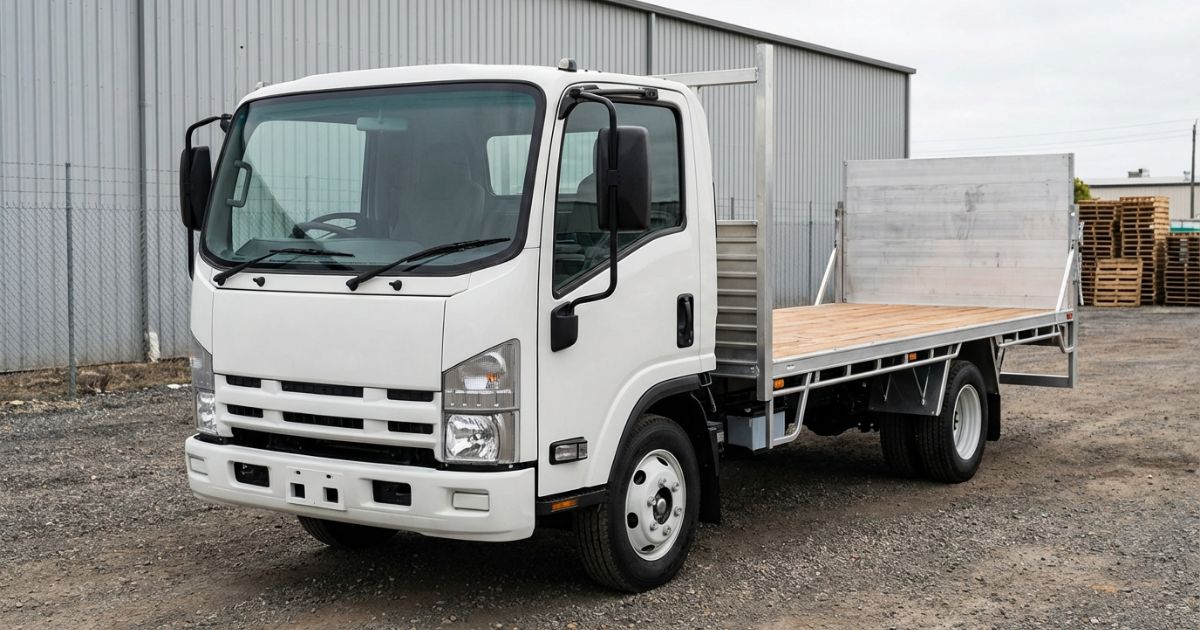 トラック全体を写しキャビンとシャーシと荷台の位置関係が分かる車体写真