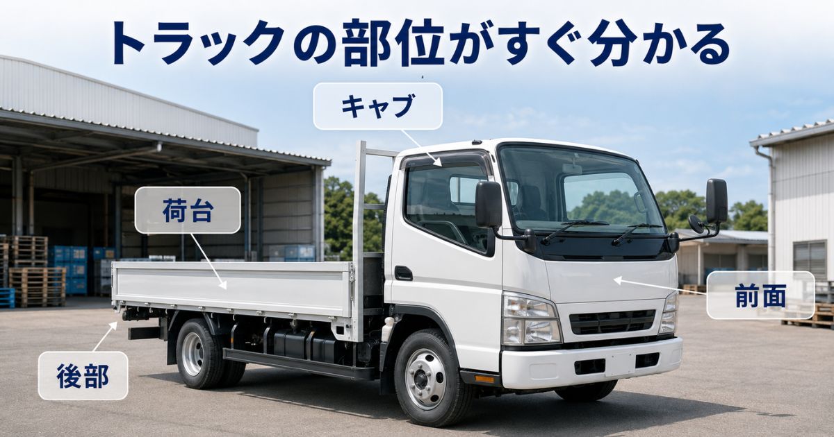 平ボディトラックの前面・キャブ・荷台・後部の位置を示した外観図