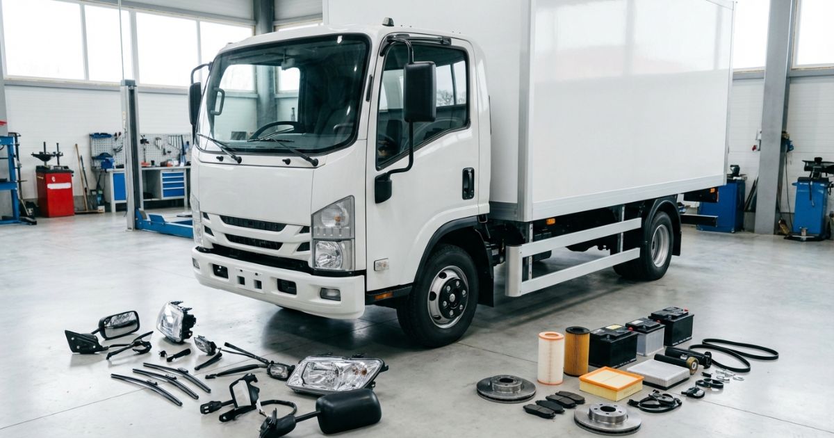 トラック整備工場で主要パーツが並ぶ全体イメージ