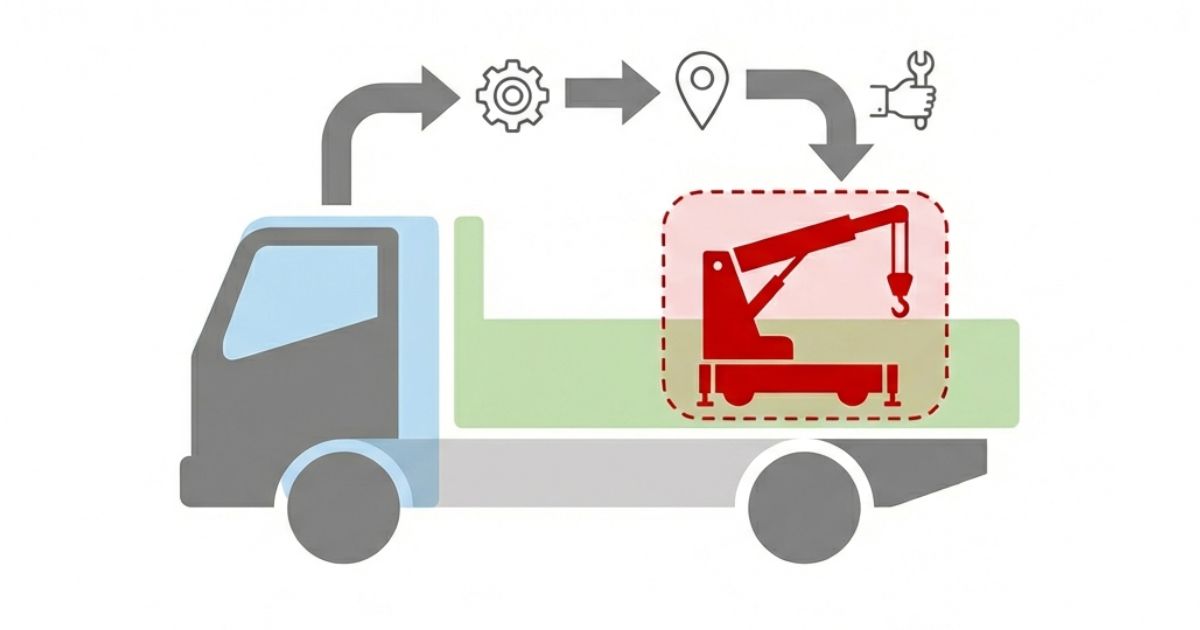 ャビンとシャーシと荷台と架装を分けて部位名称を整理するルールの図解