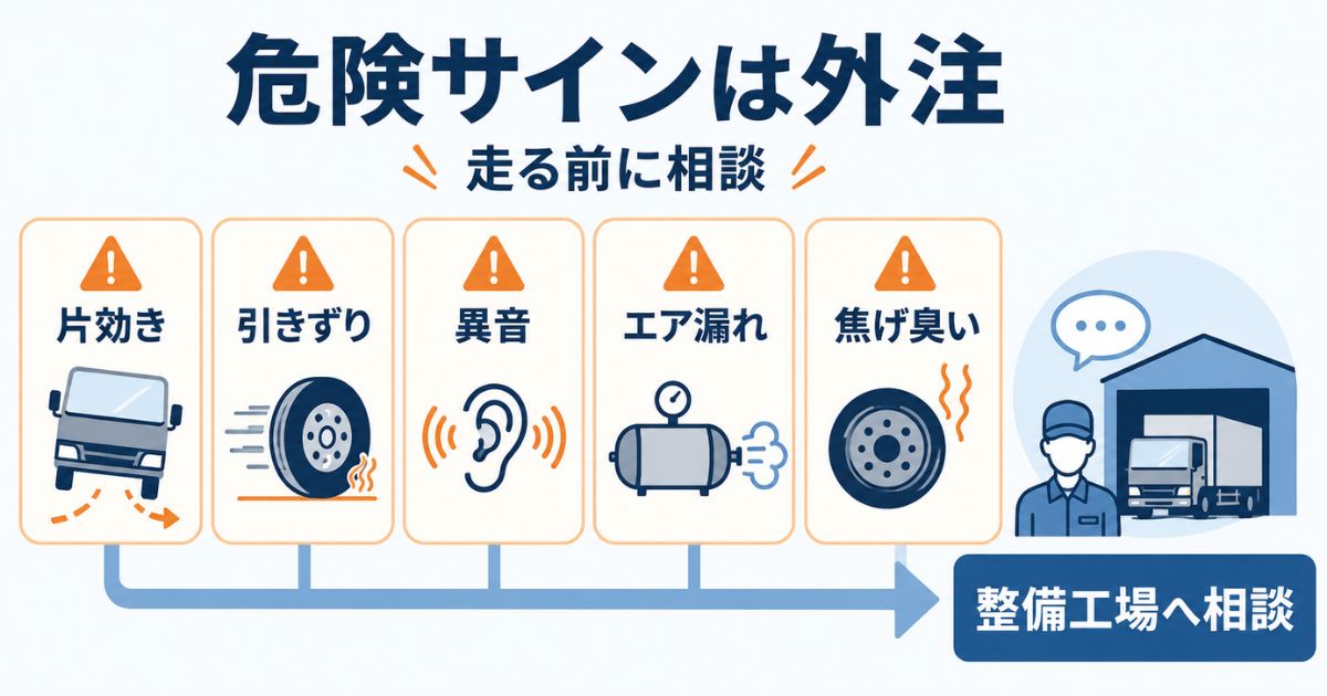 トラックのブレーキで片効きや引きずりや異音やエア漏れや焦げ臭さがある場合は外注相談を優先する図解