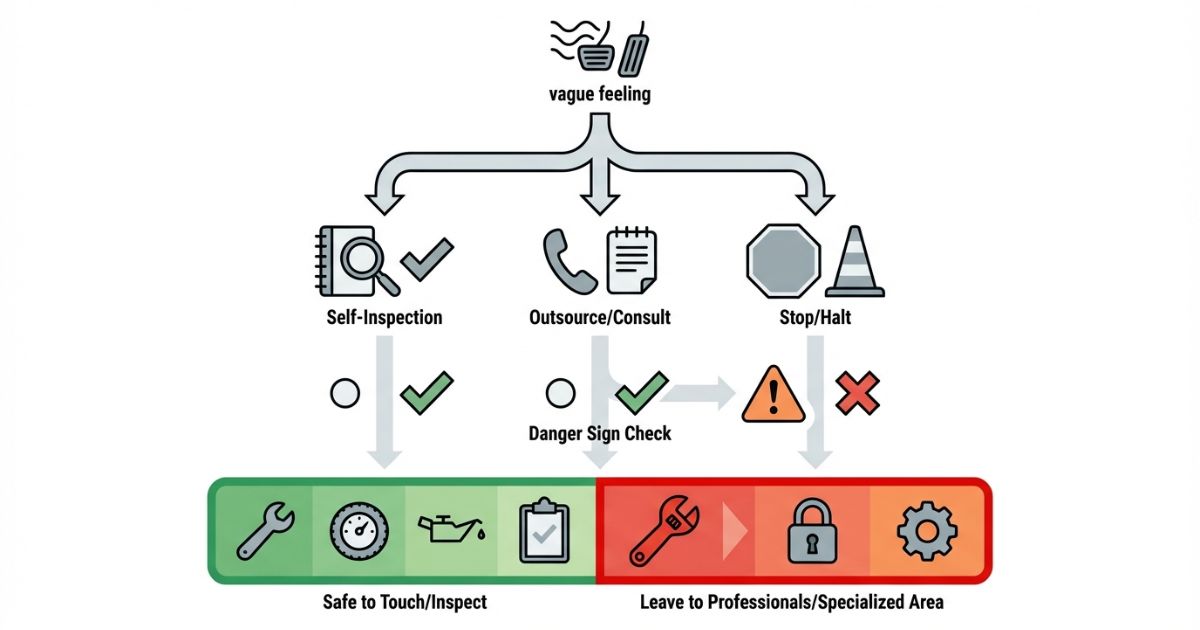 自己点検と外注相談と運行中止の3択と触ってよい範囲の線引きを整理した文字なし図解