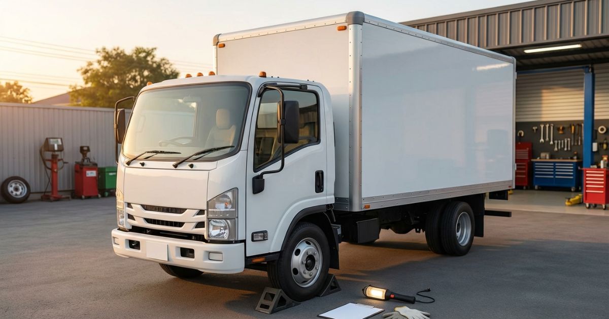 車庫または整備工場で無地の2t〜4tトラックと点検道具を写したブレーキ点検前の雰囲気写真