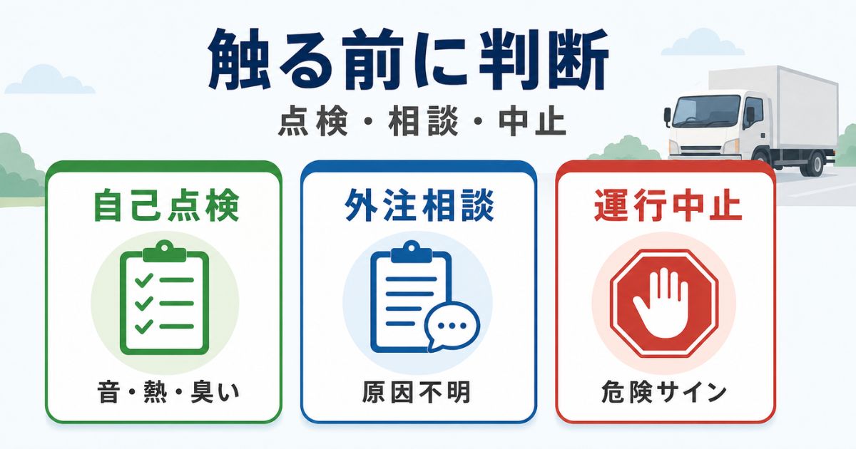 トラックのブレーキ違和感を自己点検と外注相談と運行中止の3択で判断するアイキャッチ図解