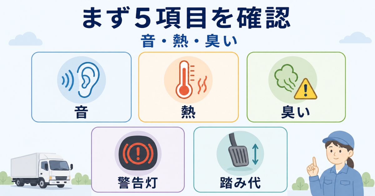 トラックのブレーキ自己点検で確認する音と熱と臭いと警告灯と踏み代の5項目を整理した図解