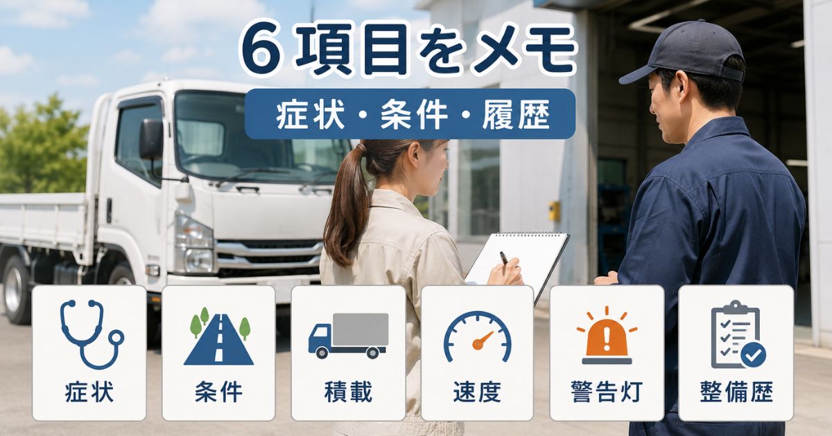 トラックのブレーキ違和感を6項目で記録し整備工場へ相談している様子のリアルな写真風画像