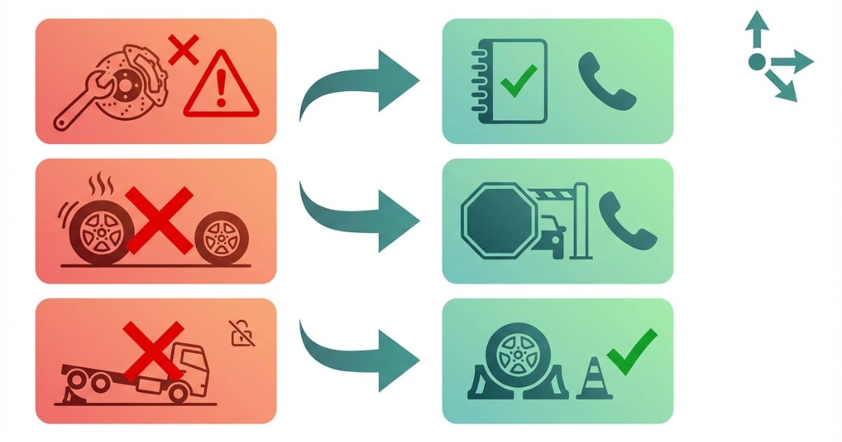 原因不明の作業や危険症状の軽視や安全確保不足をリスクとして示し安全側行動へ分岐する文字なし図解
