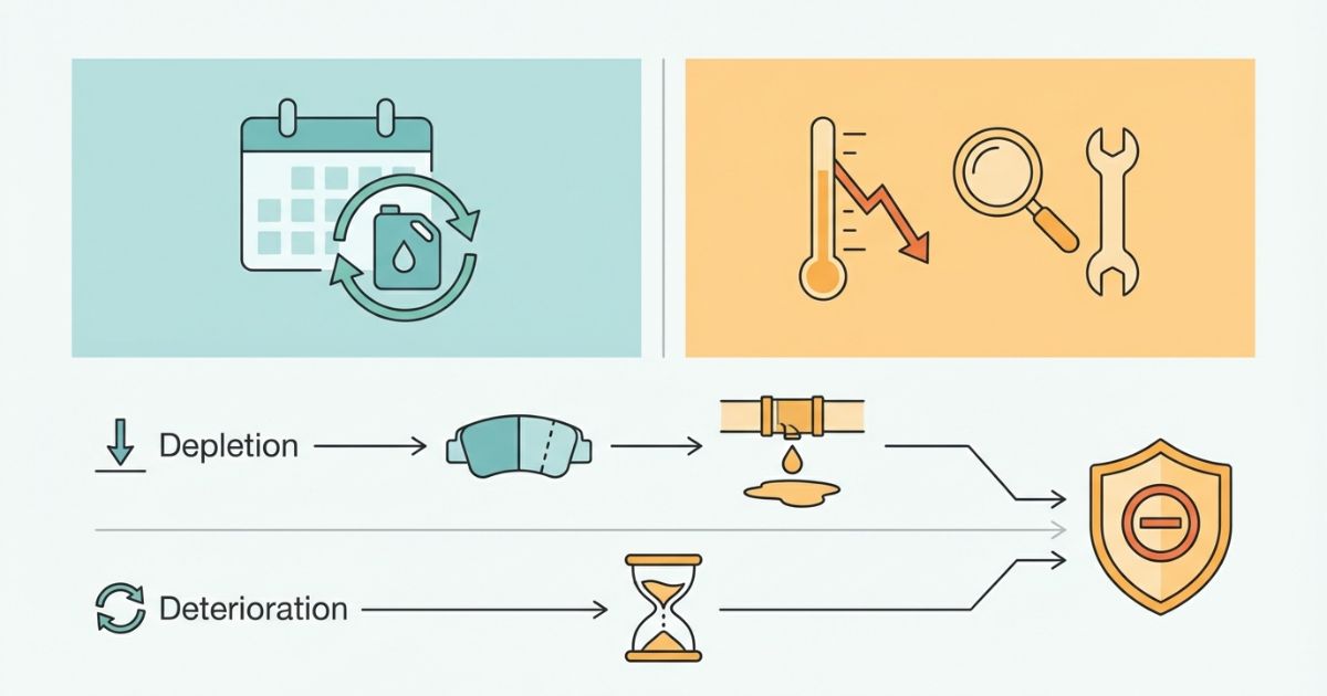 ブレーキフルードは定期交換が前提で、減りが早い場合は点検が必要という判断軸の図解