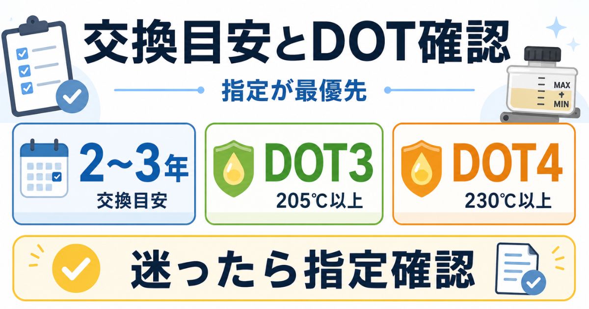 ブレーキフルードの交換目安2〜3年とDOT3・DOT4の確認ポイントを示す数値カード図解