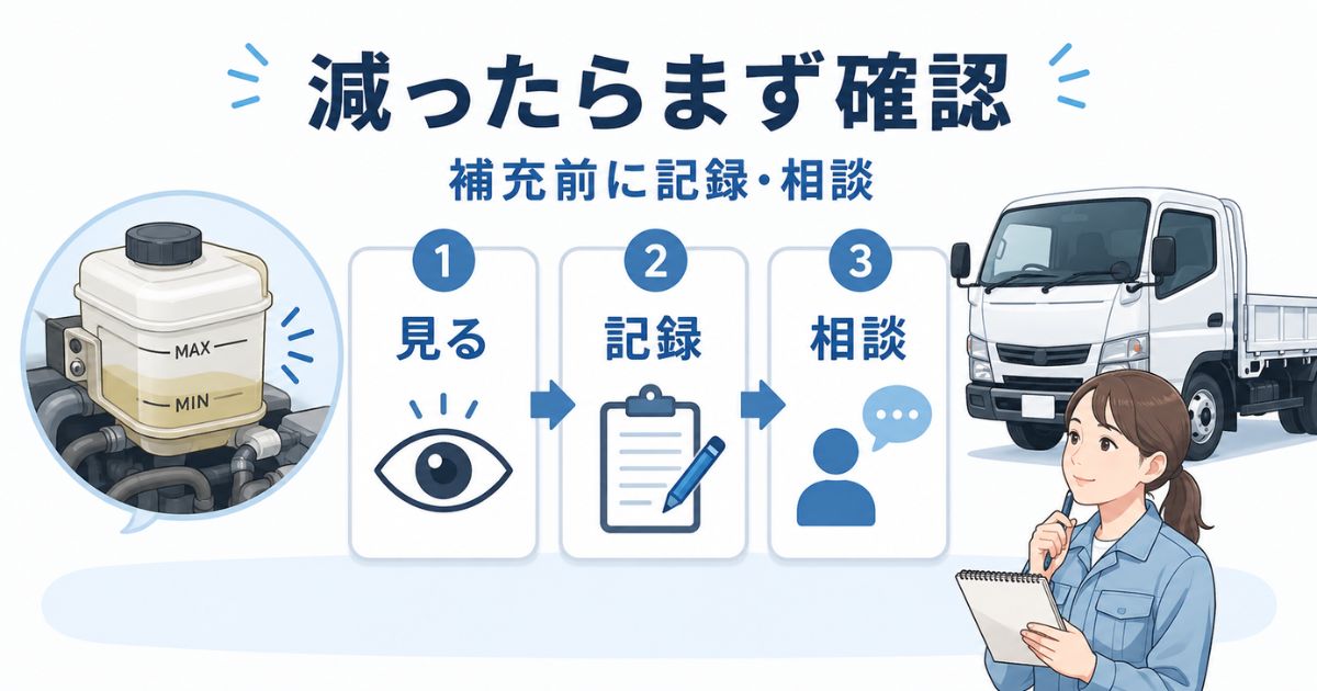 ブレーキフルードが減ったら補充前に記録して整備工場へ相談する流れを示すアイキャッチ画像
