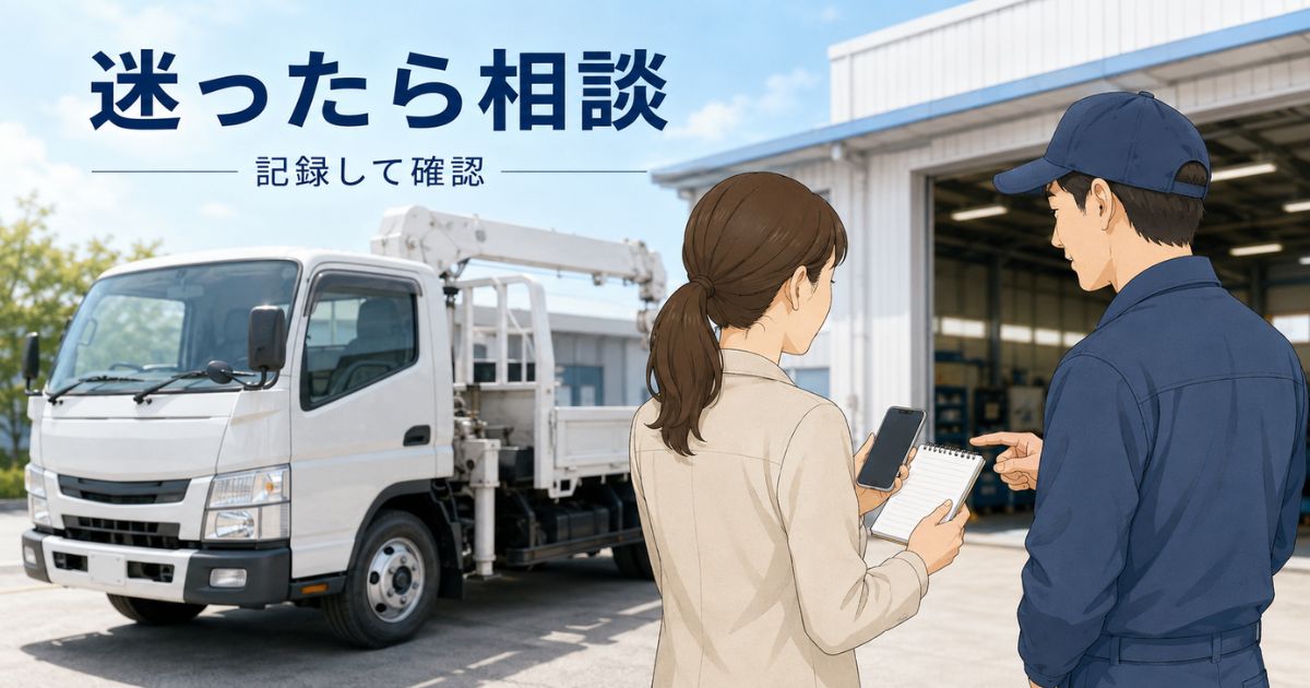 ブレーキフルードの減りや警告灯が気になるときに点検記録を持って整備担当者へ相談する場面