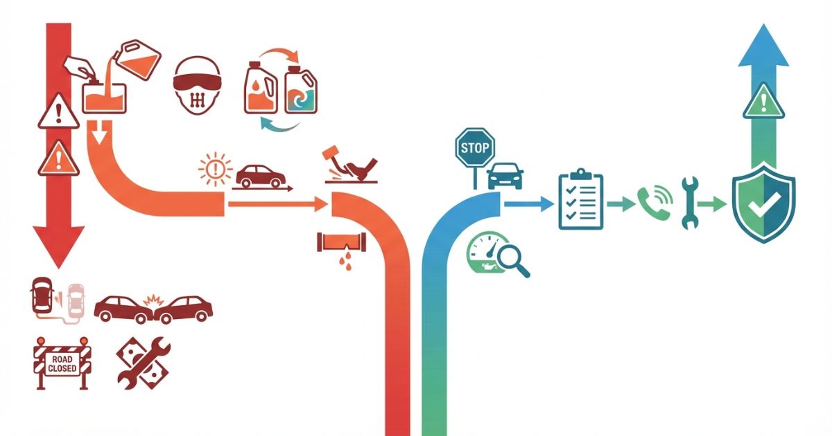 補充で済ませる・規格未確認・警告や踏み応え変化を無視するなどの失敗分岐と安全行動を示す図解