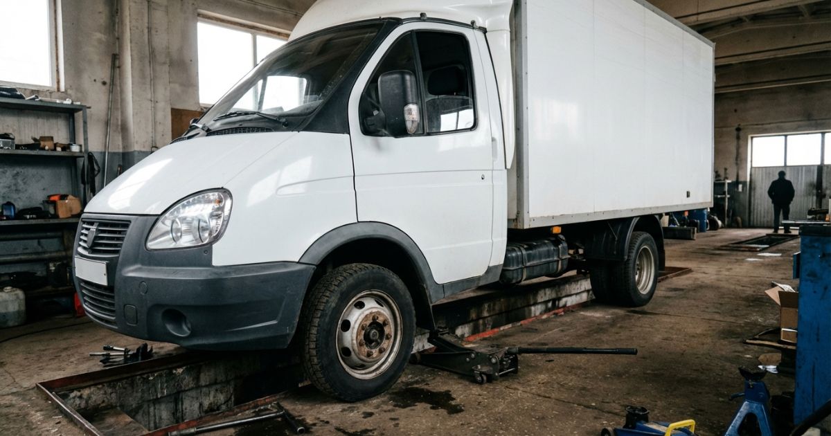 トラックのブレーキ点検を連想させる整備スペースの車両イメージ