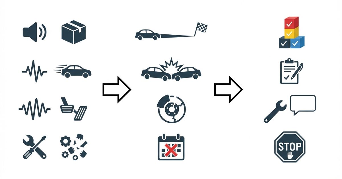 ブレーキ鳴きの放置や誤判断によるリスクと回避策を整理した図解（文字なし）