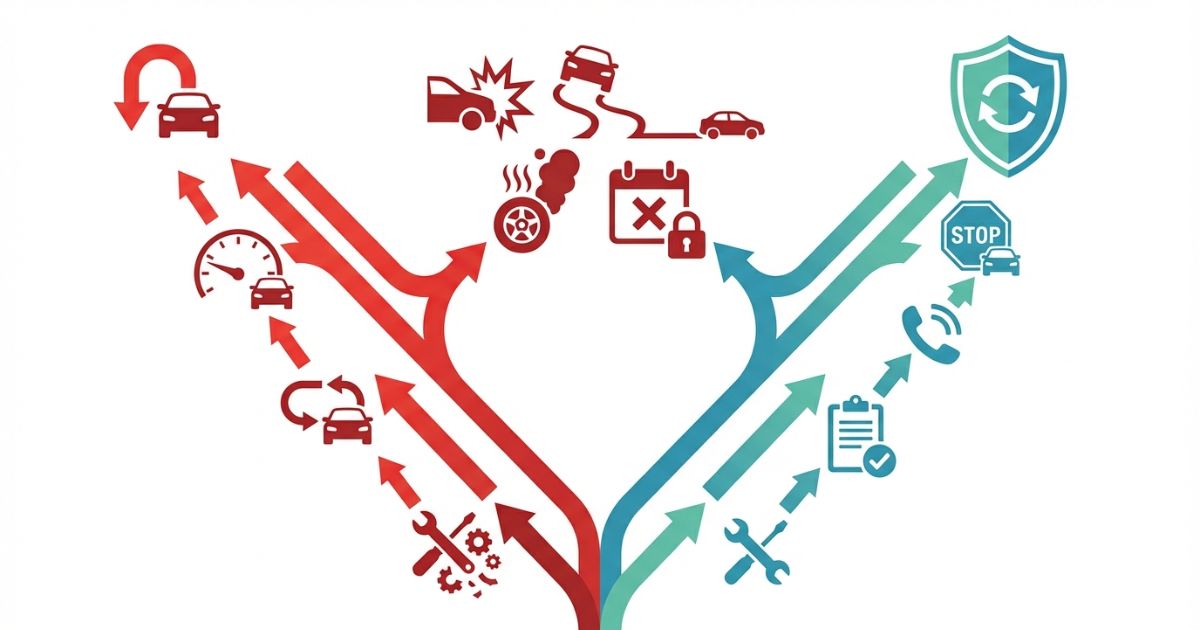 誤った初動対応によるリスクと安全行動の分岐を示す図解