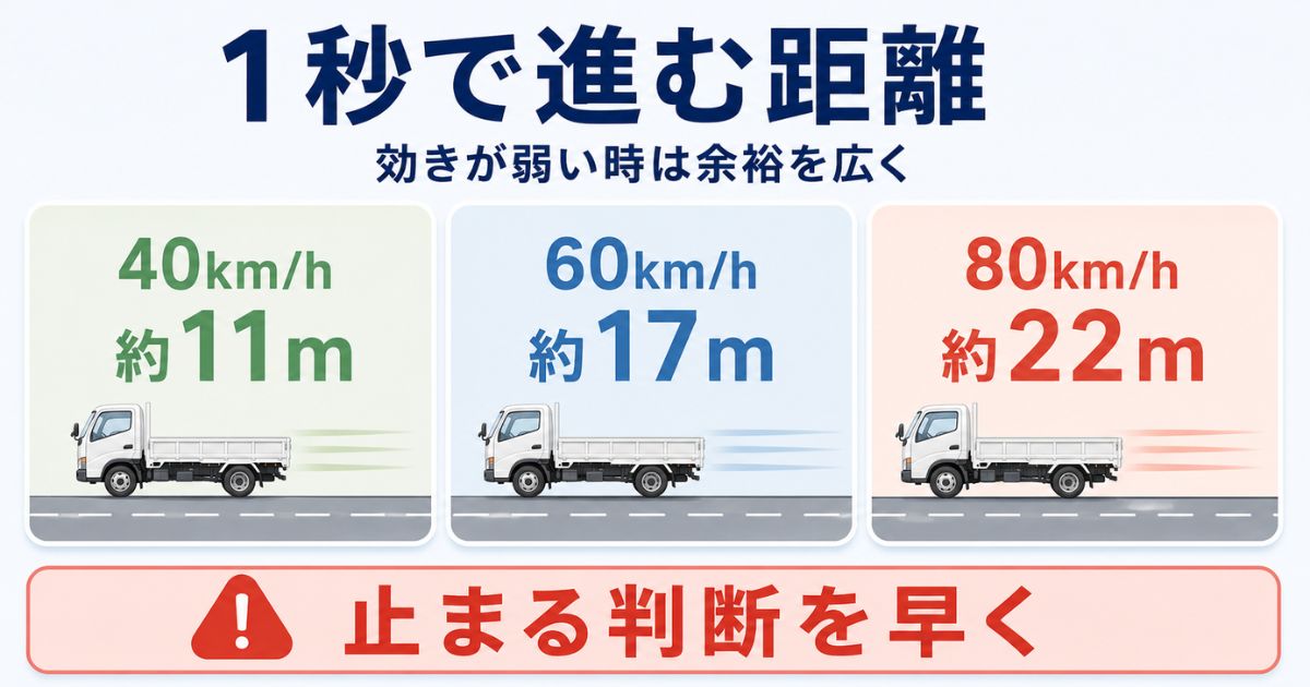 ブレーキ不調時に反応1秒で進む距離の目安を示す数値カード図解