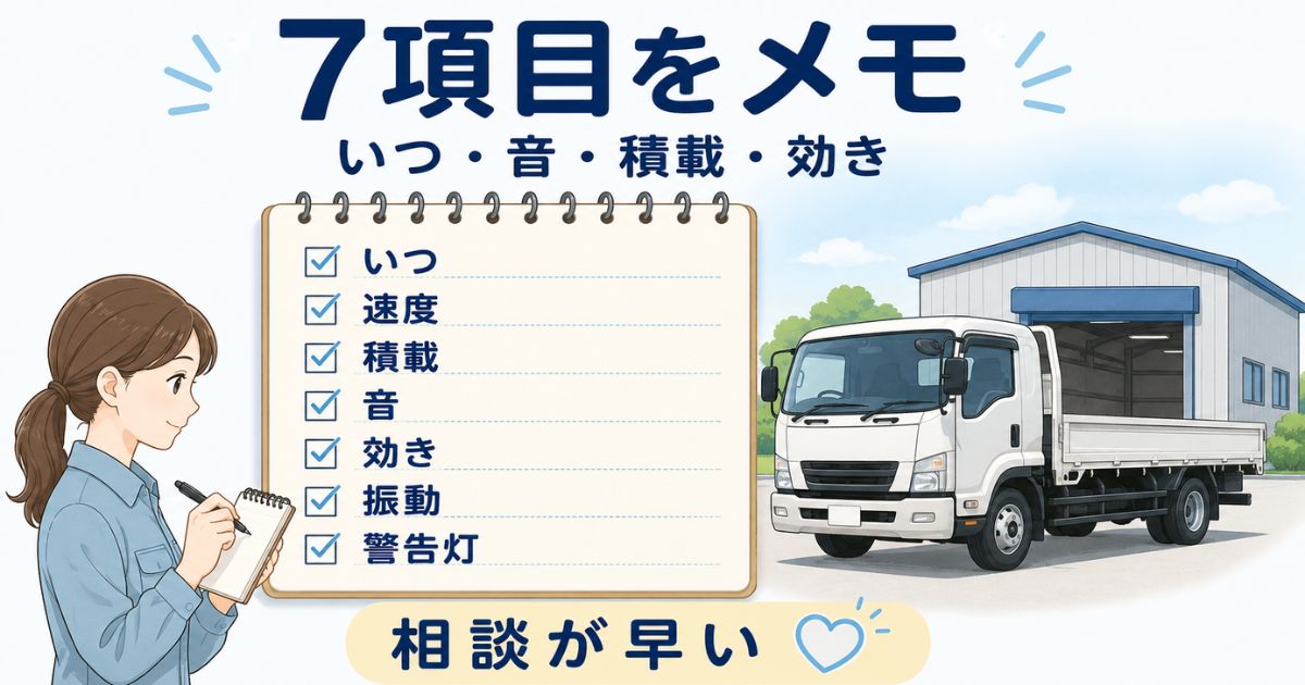 トラックのブレーキ鳴きで点検前にメモする7項目を整理したチェックリスト図解