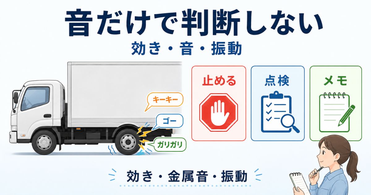 トラックのブレーキ鳴きは音だけで判断せず効きや振動を確認することを示すアイキャッチ画像