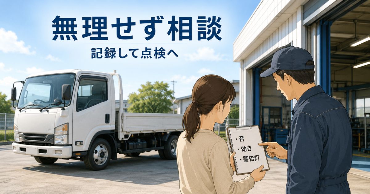 トラックのブレーキ鳴きを自己判断で分解せず症状を記録して整備工場へ相談する様子