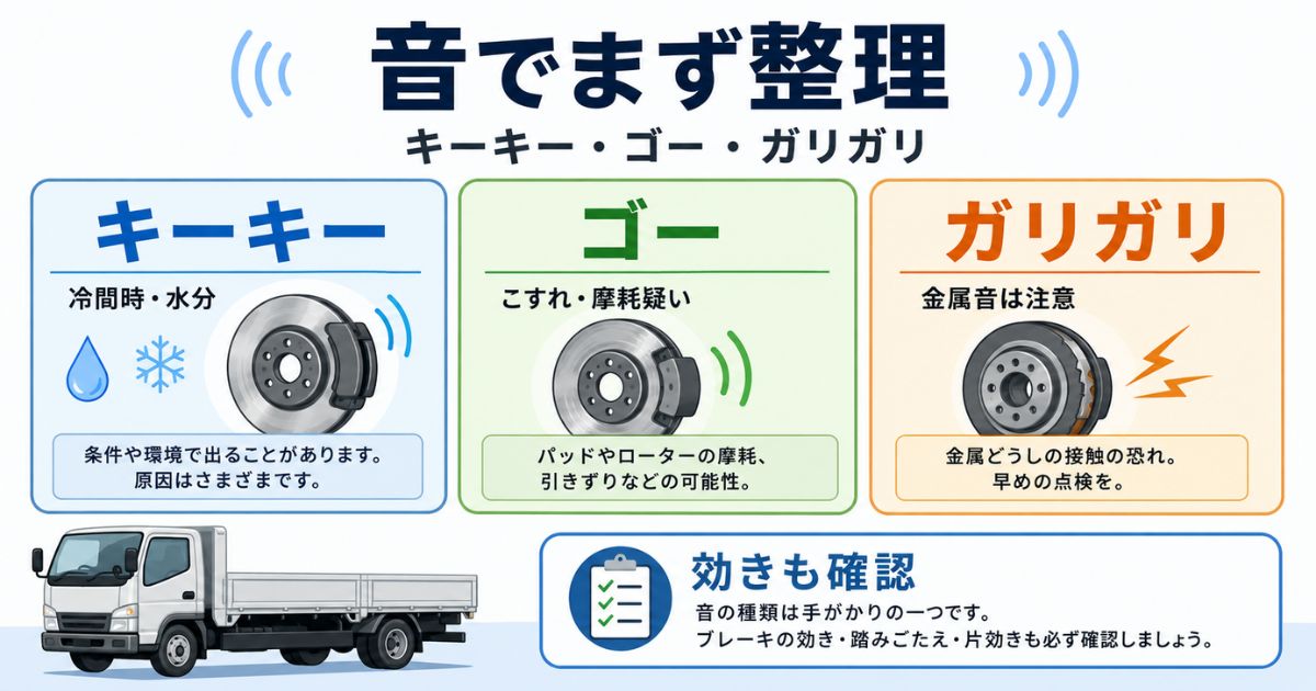 キーキー・ゴー・ガリガリなどトラックのブレーキ鳴きを音の種類別に整理した図解