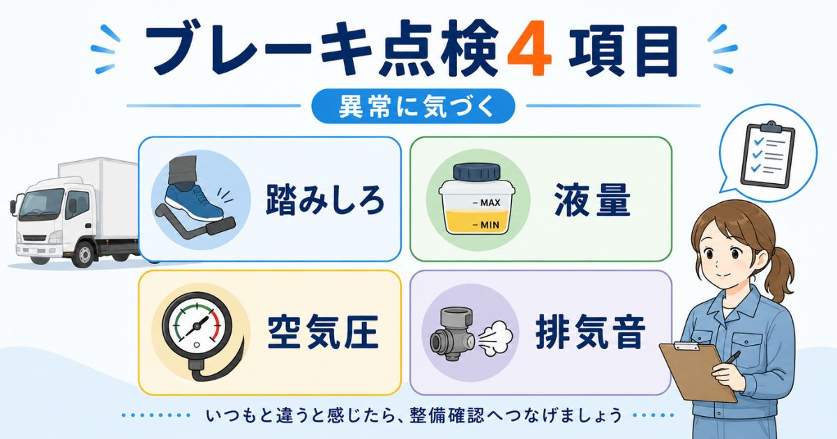 ブレーキ点検で見る踏みしろ・液量・空気圧・排気音の4項目を示した図解