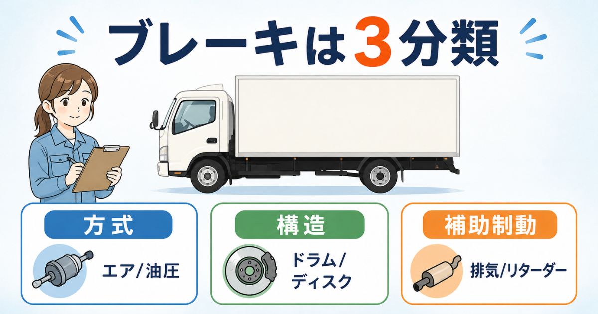 トラックのブレーキ種類を方式・構造・補助制動の3分類で整理したアイキャッチ図解