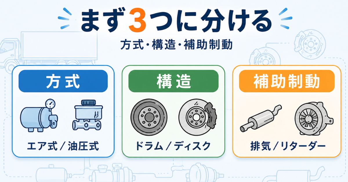 方式と構造と補助制動の3分類でトラックのブレーキ種類を整理したカード図解
