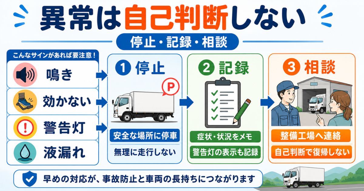 鳴きや効かないや警告灯などの異常サインから停止・記録・相談へ進む流れを示した図解