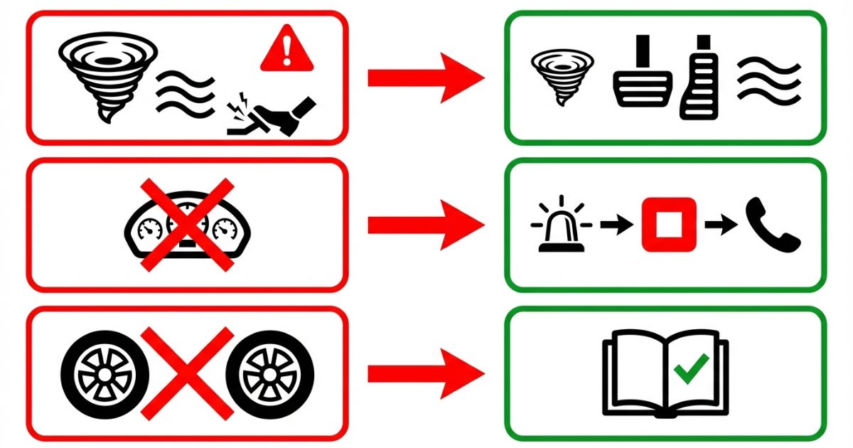 補助制動の誤用や警告無視や前後同一の決めつけをリスクとして示し安全側対応へ分岐する文字なし図解