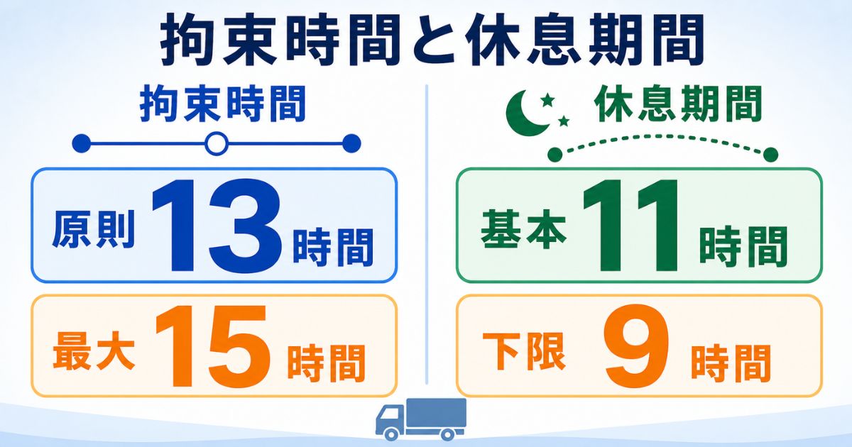 拘束時間の原則13時間・最大15時間と休息期間の基本11時間・下限9時間の比較