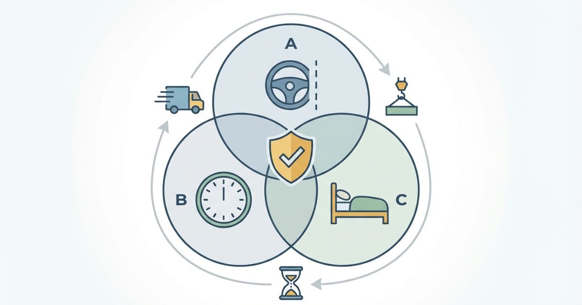 連続運転と拘束時間と休息期間の3軸で休憩を設計する文字なし図解