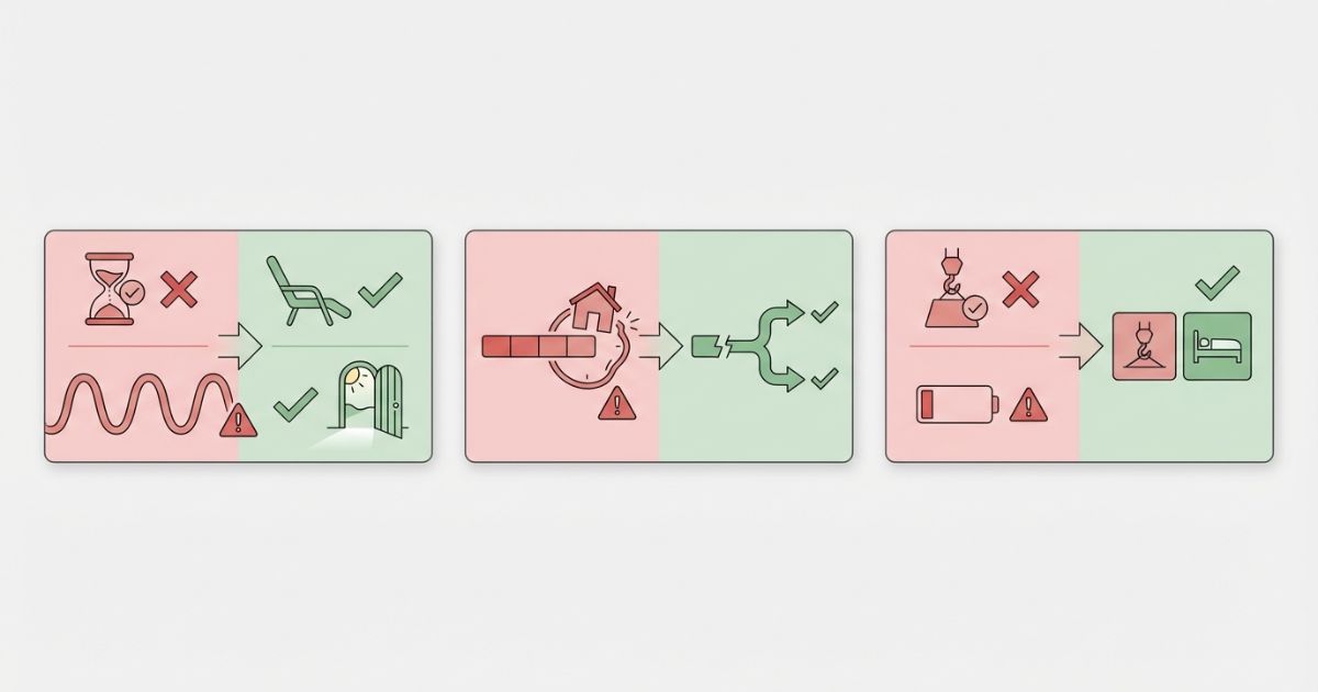 休憩の誤認や後ろ倒しなど失敗例と回避策を対比した文字なし図解