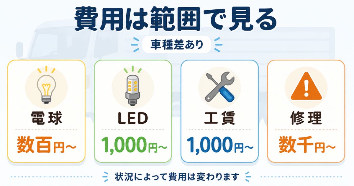 トラック電球交換の電球代・LEDバルブ・工賃・修理費の目安を示す数値カード図解