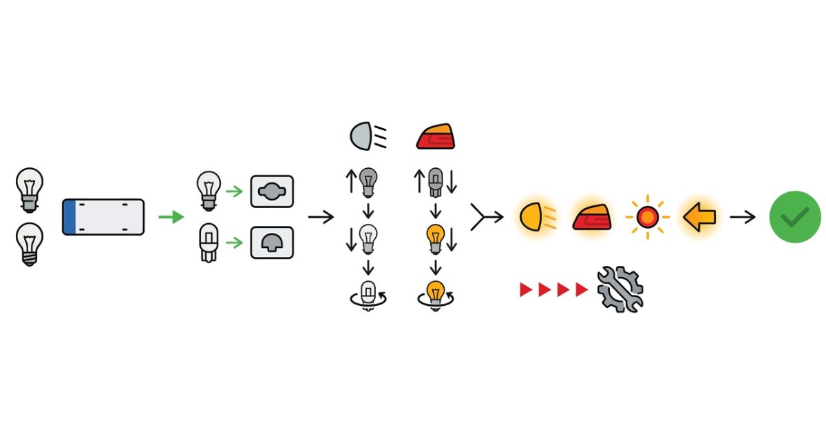 電球交換の判断軸図解（適合確認→交換→固定→全灯火チェック→運行可否）