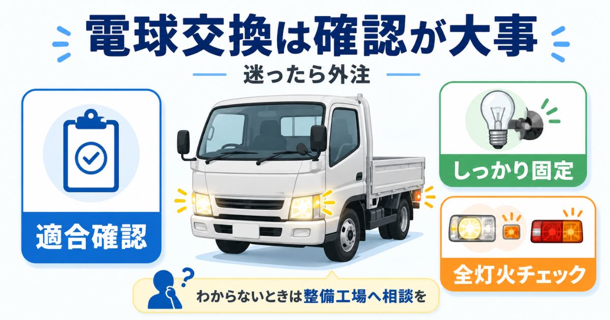トラックの電球交換で適合確認・固定・全灯火チェックを確認するアイキャッチ図解