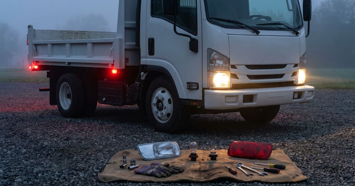 トラックの灯火電球を点検・交換する準備の現場イメージ（ヘッドライトとテールランプ）