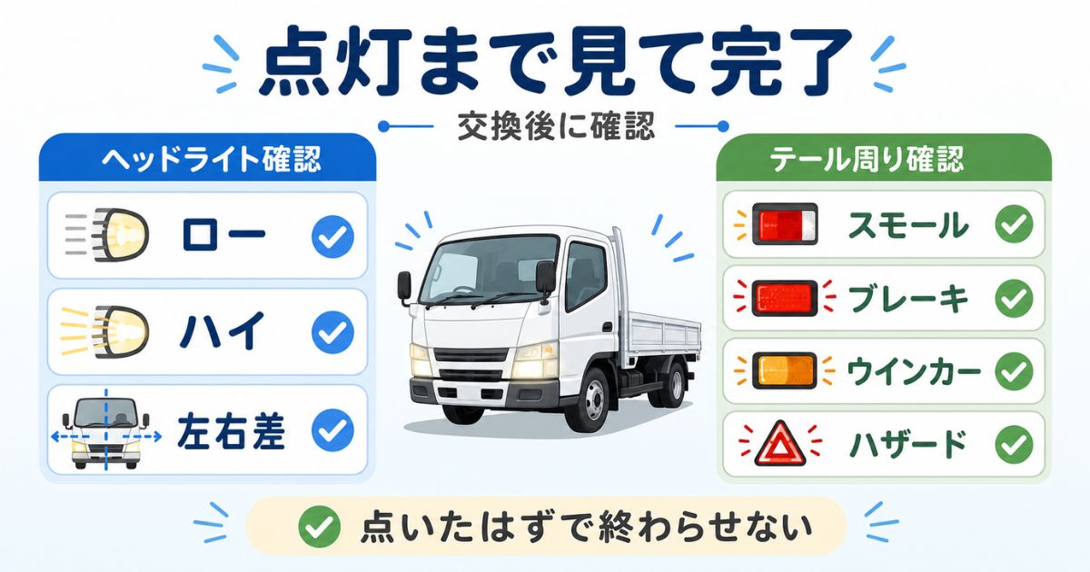 ヘッドライトとテール周りの交換後にロー・ハイ・ブレーキ・ウインカーを確認する図解