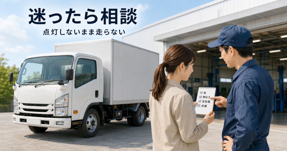 トラックの電球交換後に点灯不良や配光不安を整備工場へ相談する場面