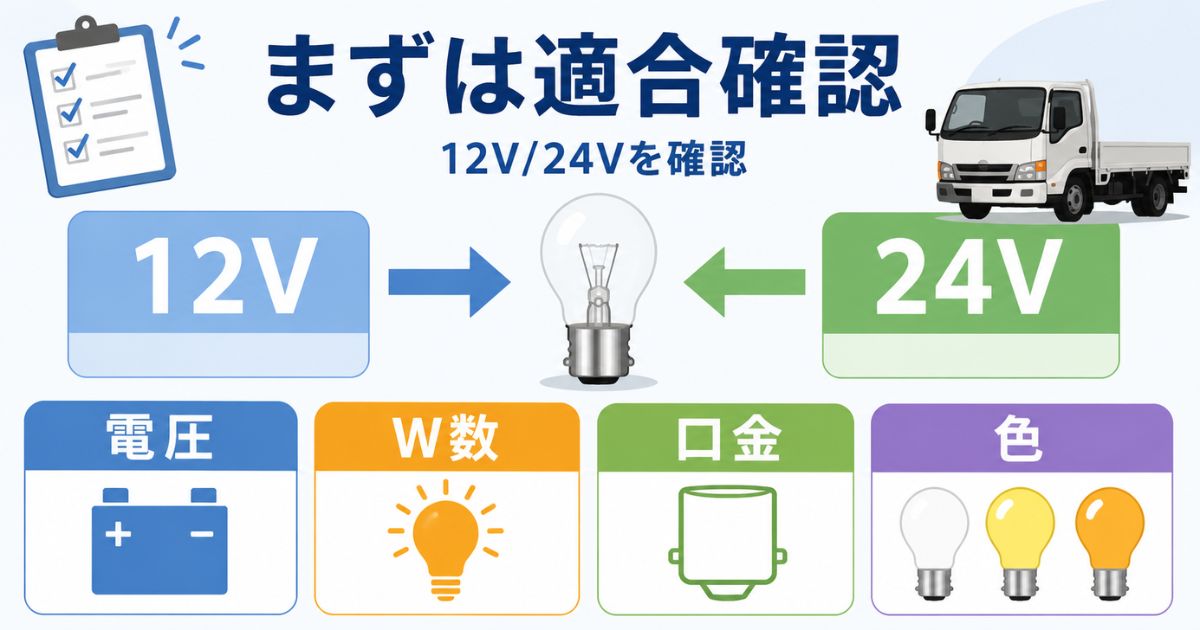 トラック電球交換前に12V・24Vやワット数・口金・色を確認する図解
