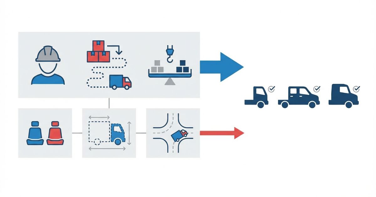 業務適合からサイズ制約を確認し最後に居住性と装備で仕上げる判断軸を示す文字なし図解