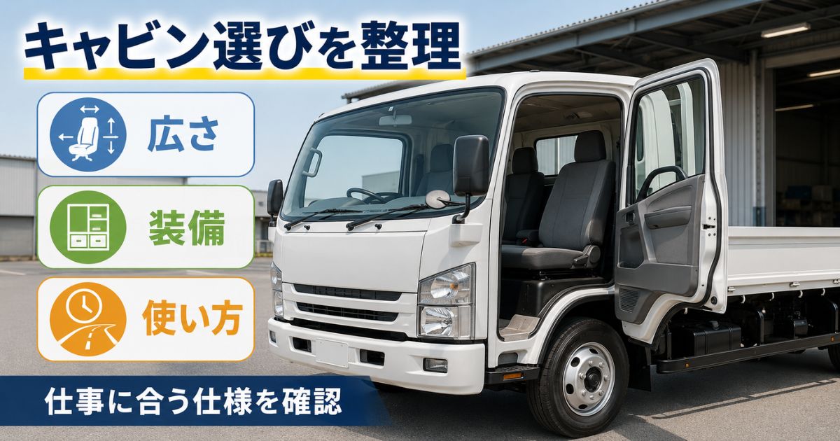 トラックのキャビン内部と広さ・装備・使い方の3つの判断項目を示す構成