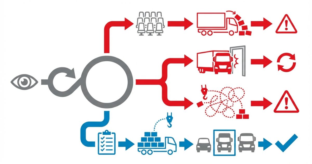 広さや装備を過剰に選んだ場合の失敗分岐と回避手順を示す文字なし図解