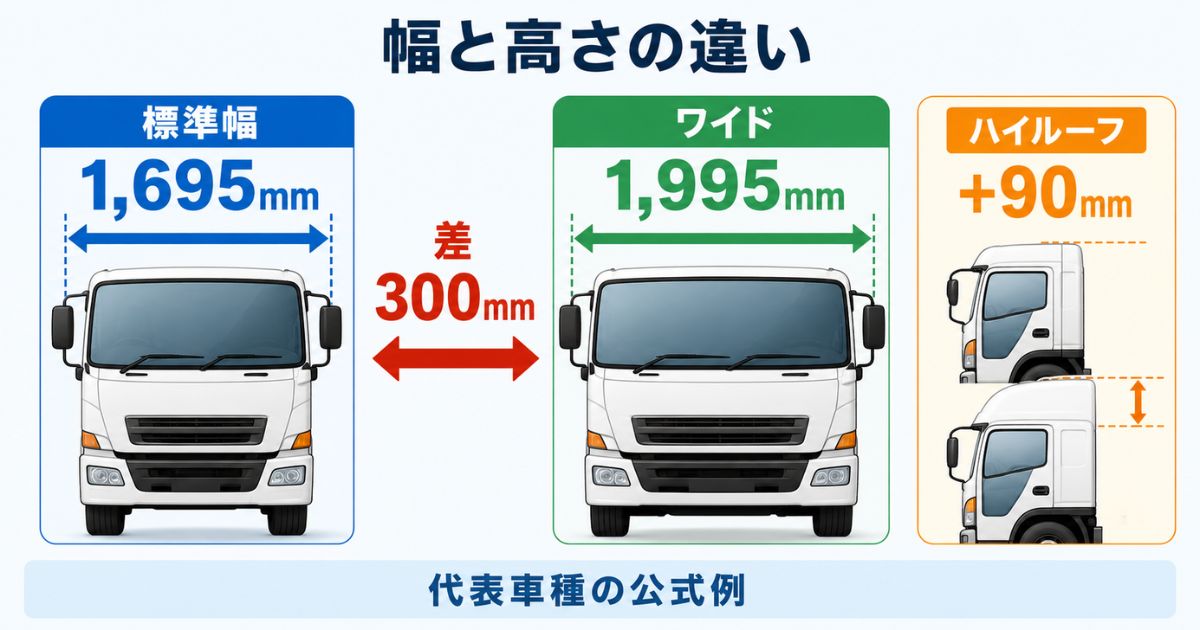 標準幅1695mmとワイド幅1995mmの差300mm、ハイルーフの高さ90mm増を示す比較図