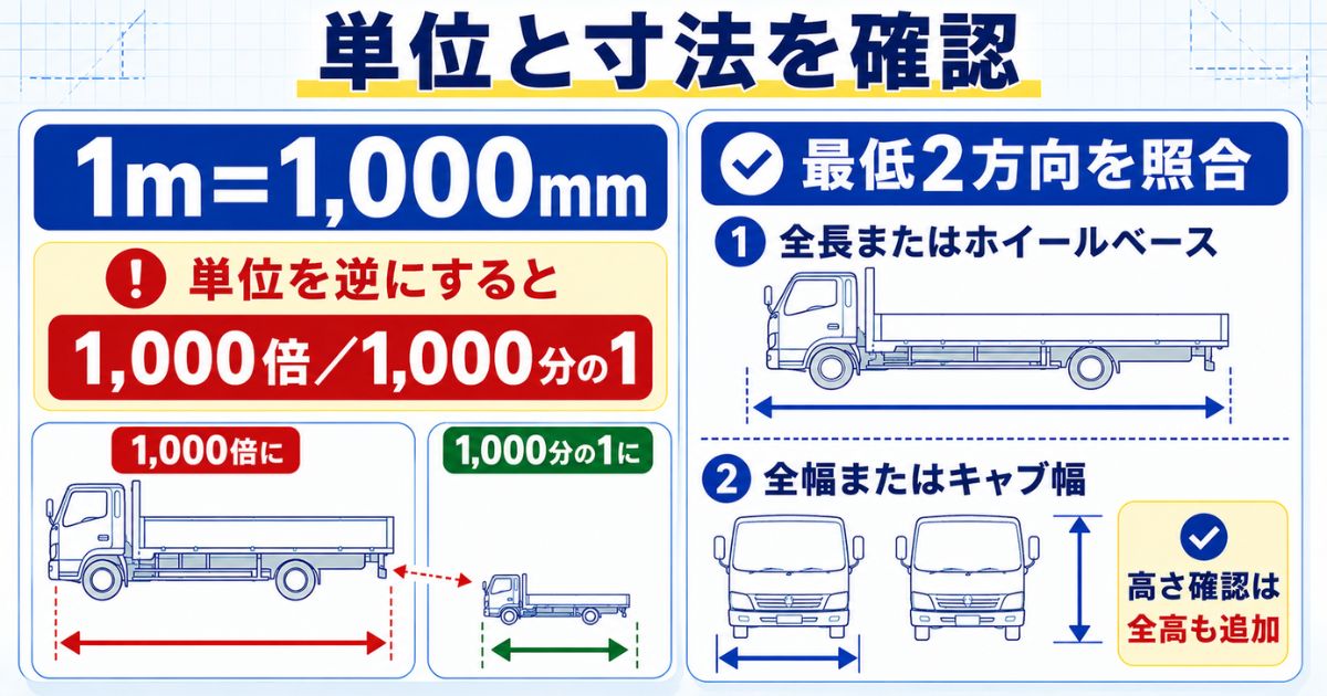 CAD取り込み時のmmとmの単位差と全長・全幅を照合する手順