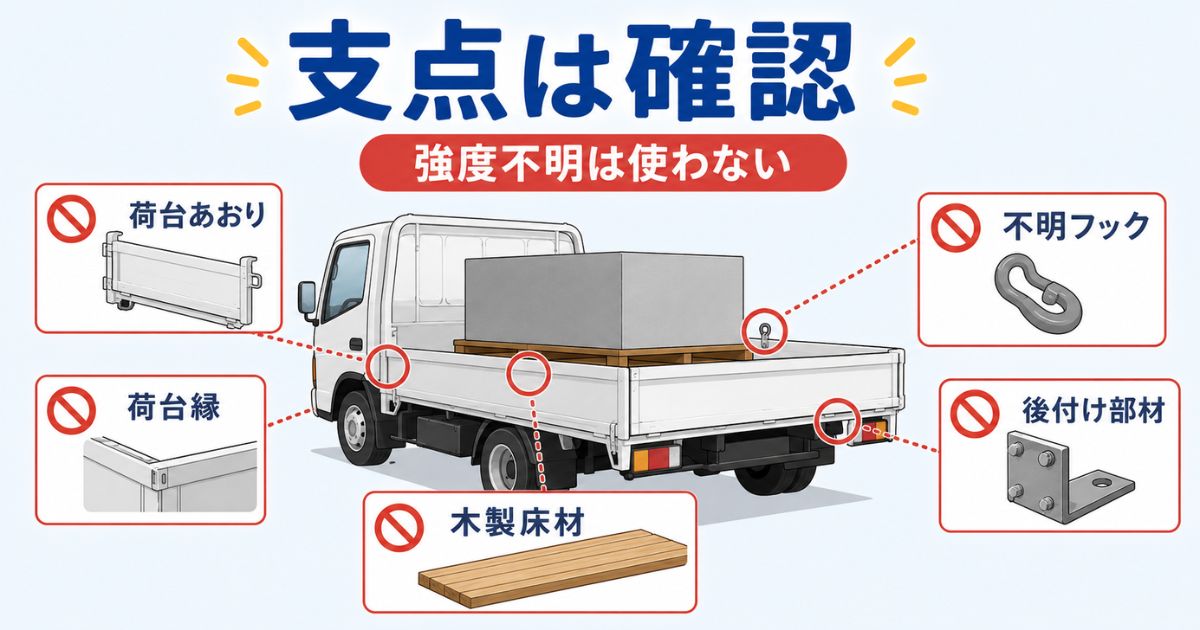 トラック荷台で支点に使ってはいけない代表例と強度確認の重要性を示す図解
