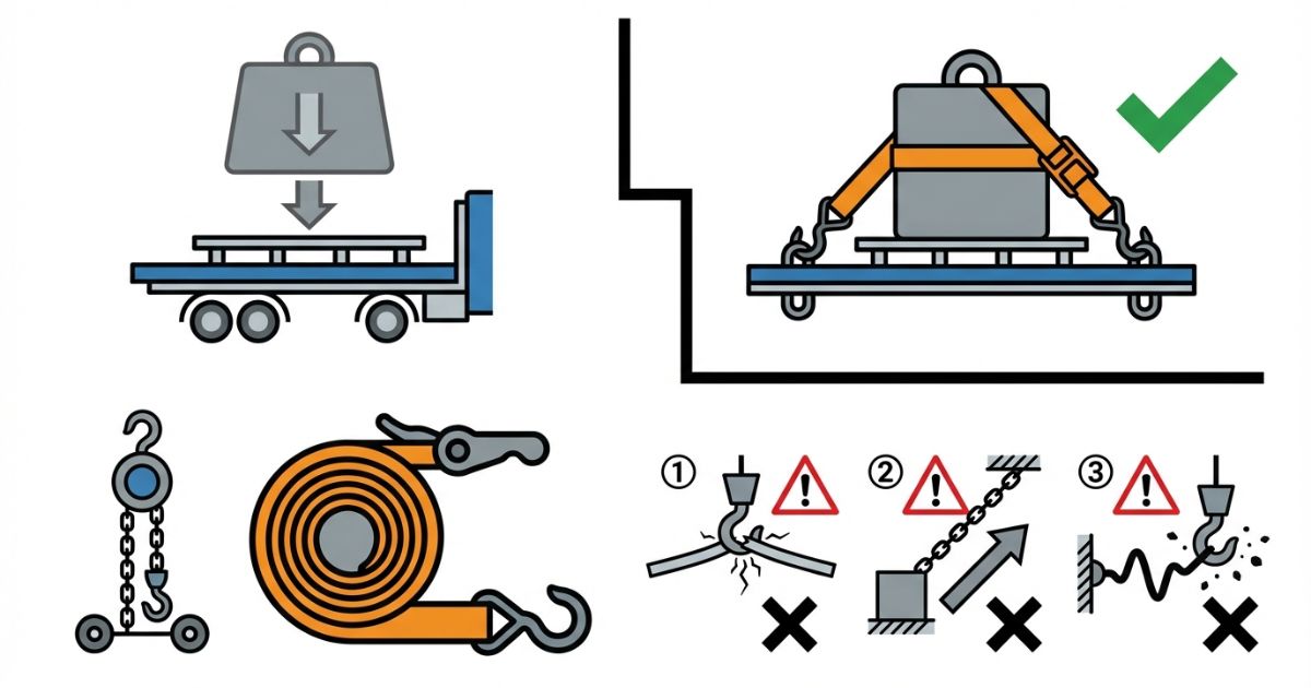 チェーンブロックは補助で固定は固縛具で行う判断軸と危険ポイントを示す図解