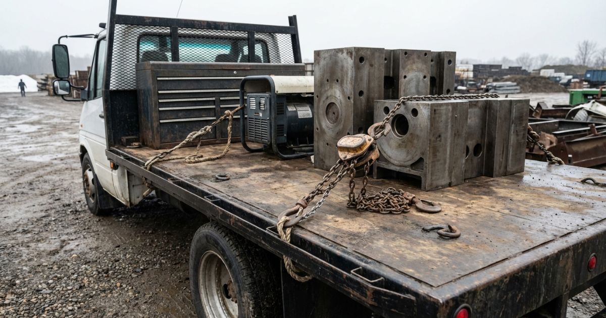 トラック荷台にチェーンブロックと重い機材を積載している現場の写真