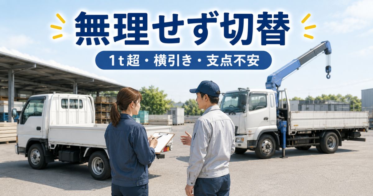 チェーンブロック作業を無理に続けずユニック車への切替を相談している場面