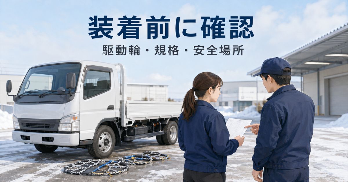 安全な停車場所でトラックチェーン装着前に駆動輪と規格を確認する写真風画像