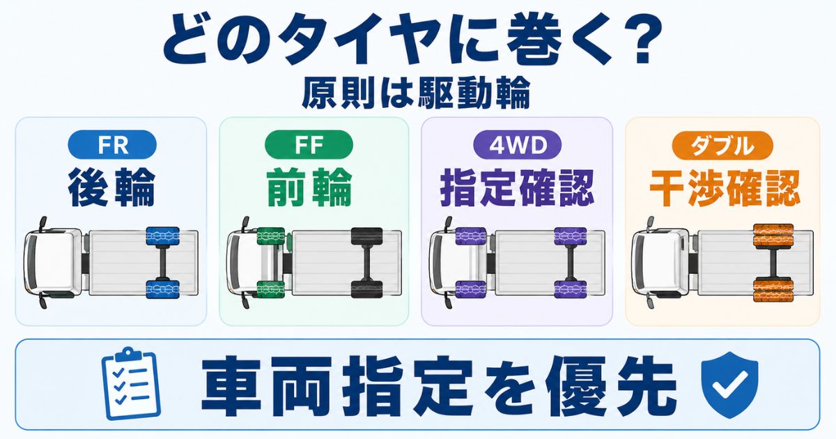 FRやFFや4WDやダブルタイヤごとのチェーン装着位置と確認ポイントを示す図解